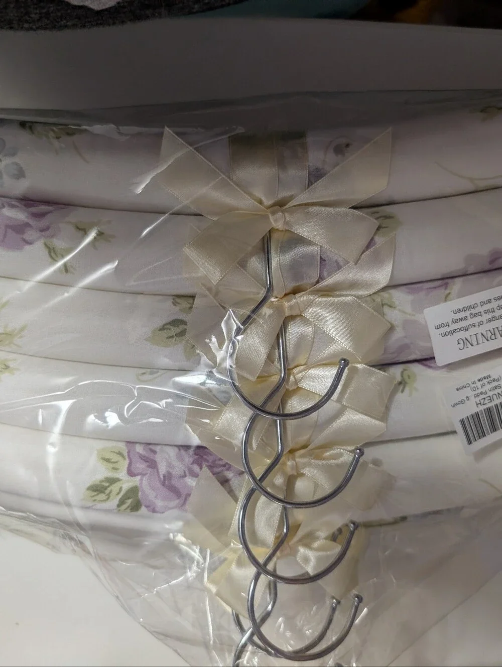 Padded Floral Satin Hangers with Ivory Bows